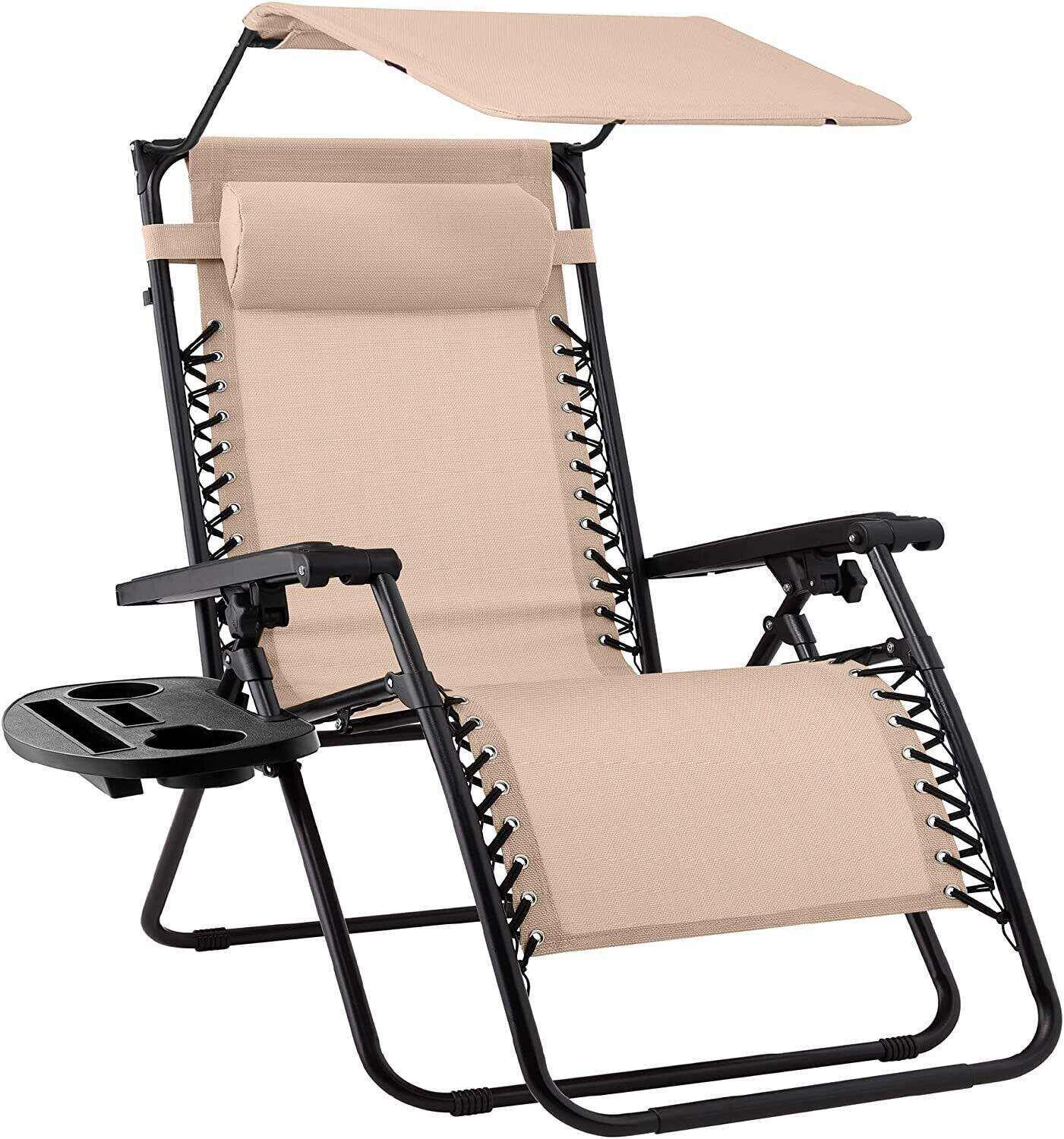 Folding Zero Gravity Recliner Patio Lounge Chair w/Adjustable Canopy Shade, Headrest, Side Accessory Tray, Textilene Mesh - Beige