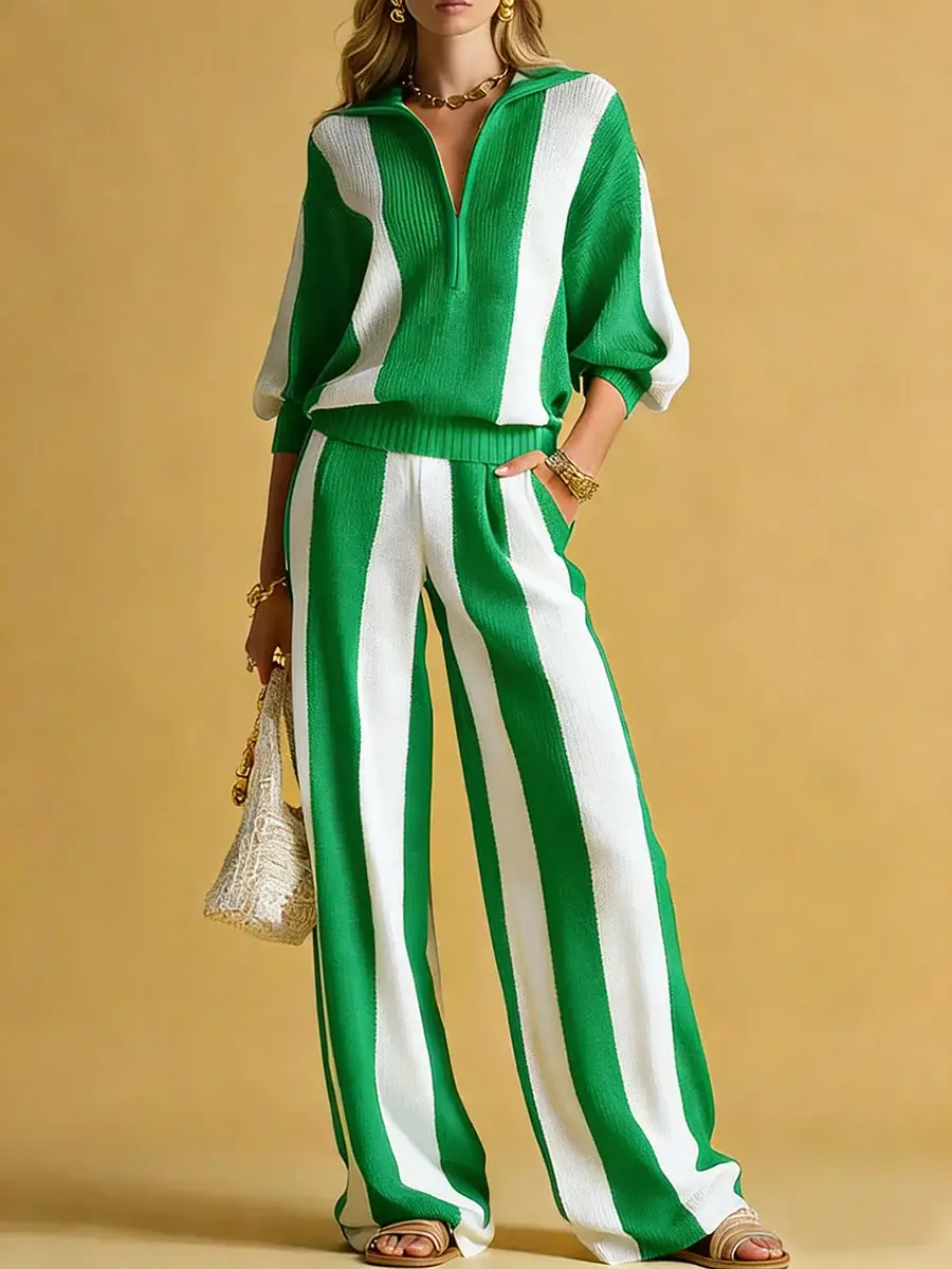 🔥Summer Arrivals🌟Women's Striped Print Cardigan Collar Three-quarter Sleeve Knitted Top And High-waisted Casual Loose Wide-leg Pants Knitted Set.