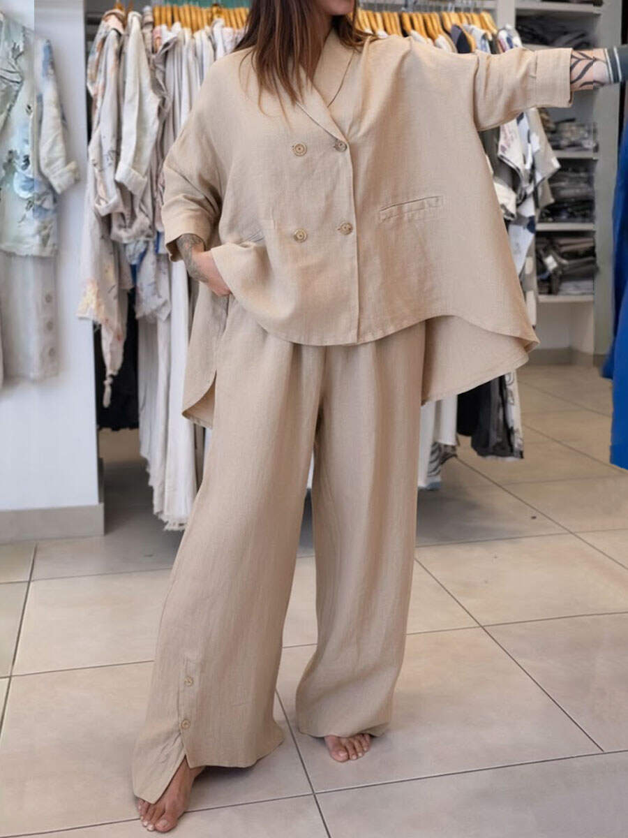 🔥Summer Arrivals🌟Women's Solid Color Lapel Long-sleeved Casual Loose Cotton And Linen Top And High-waisted Casual Loose Wide-leg Cotton And Linen Pants Set.