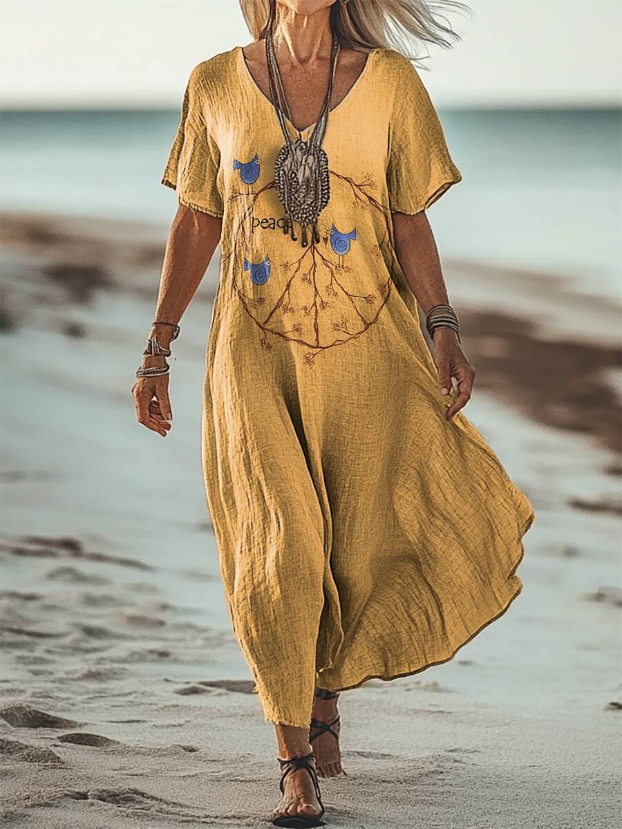 Women's Vintage Peace Love Birds Print Short Sleeve Pocket Cotton Linen Dress
