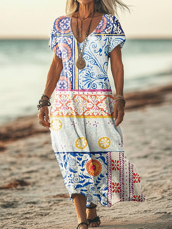 Women's Vintage Floral Patchwork Art Print Pocket Cotton Dress