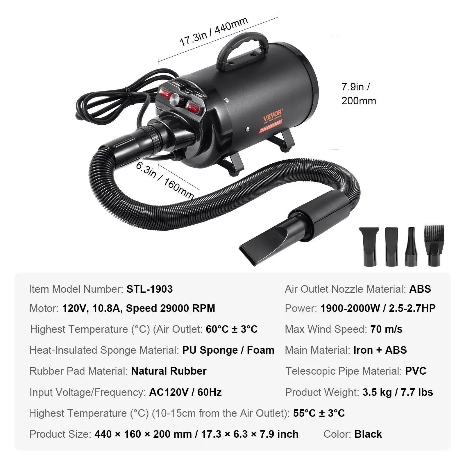 Portable 2000W Pet Dog Blow Dryer, 2.7HP Adjustable Speed & Temperature Control Pet Grooming Dryer with 4 Nozzles & Extendable Hose, Ideal Holiday Gift for Dog Owners
