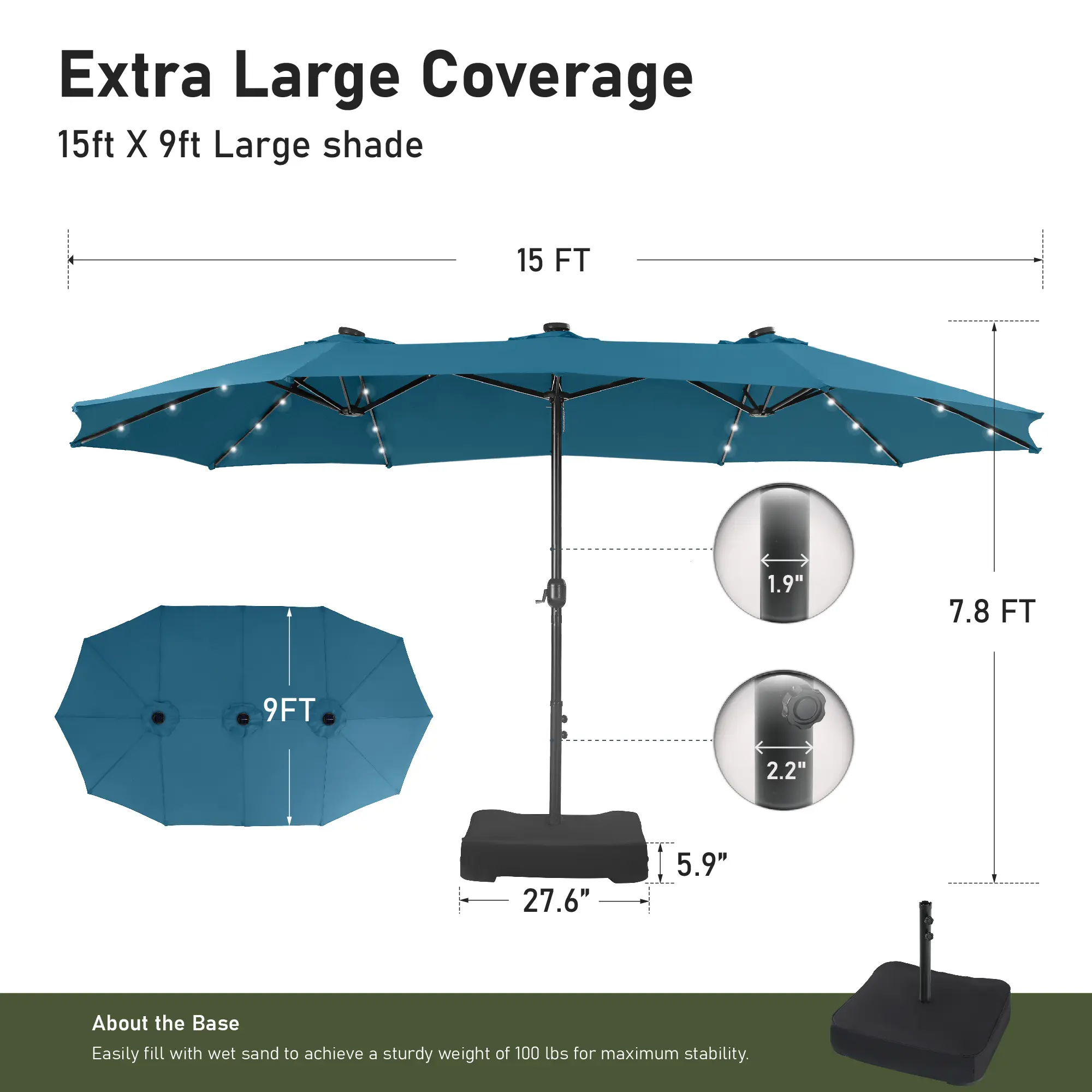 15ft Large Outdoor Patio Umbrella with Base – LED Light Option, Double-Sided, Crank Handle, Waterproof，Comes with Weighted Base and Sandbag, Accommodates 10 People, Great for Poolside, Garden, Lawn, Backyard, Deck and Beach