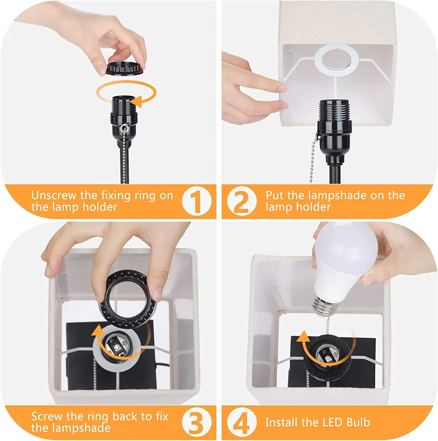 GGOYING Bedside Table Lamp, Pull Chain Table Lamp with Dual USB Charging Ports, 2700K LED Bulb, Fabric Linen Lampshade, Nightstand Lamp for Livingroom Bedroom Office Reading Working