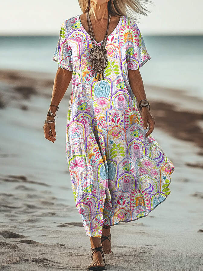 Women's Art Floral Hippie Vintage Print V-Neck Short Sleeve Dress