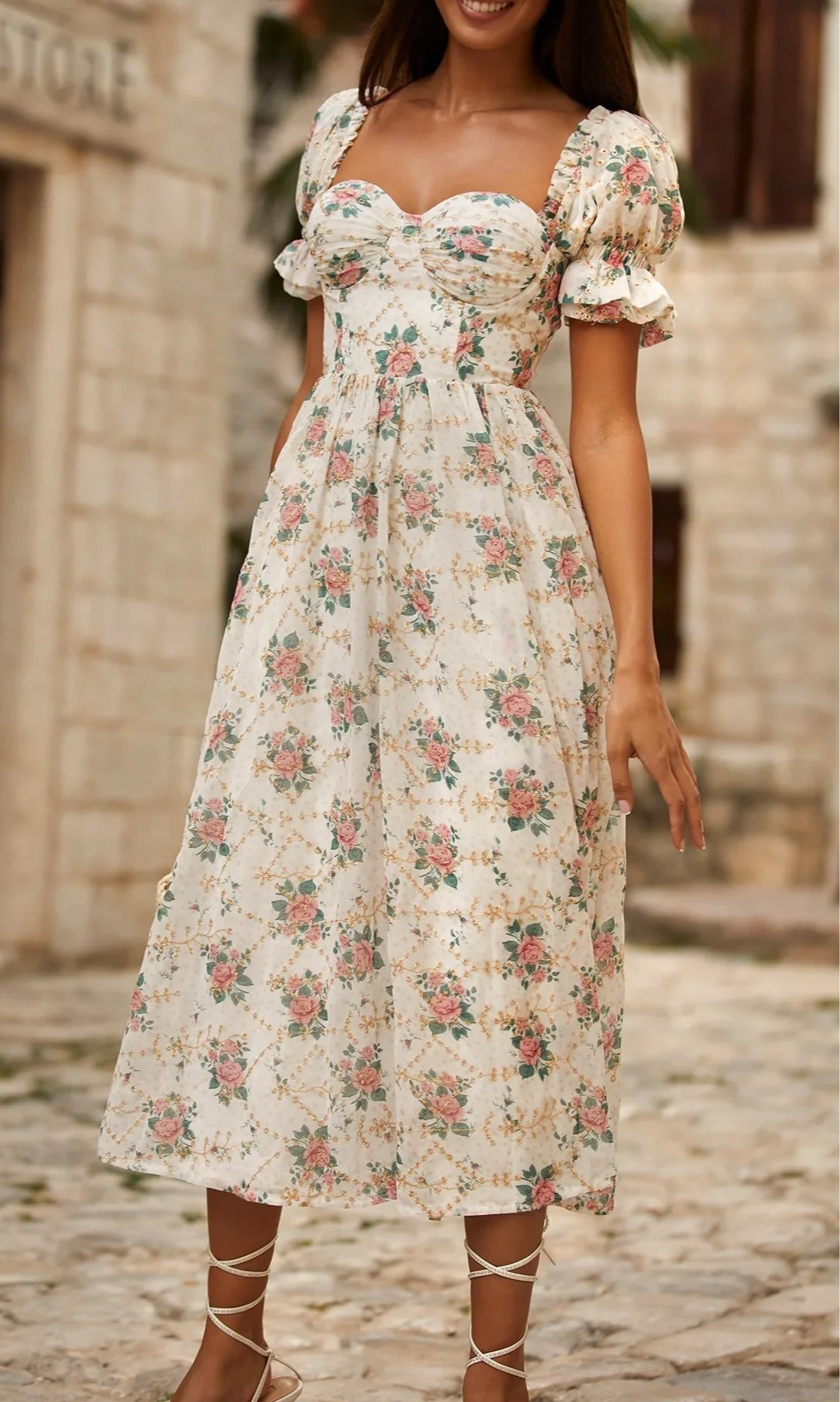 Floral Puff Sleeve Corset Backless Lace Up Slit Midi Dress