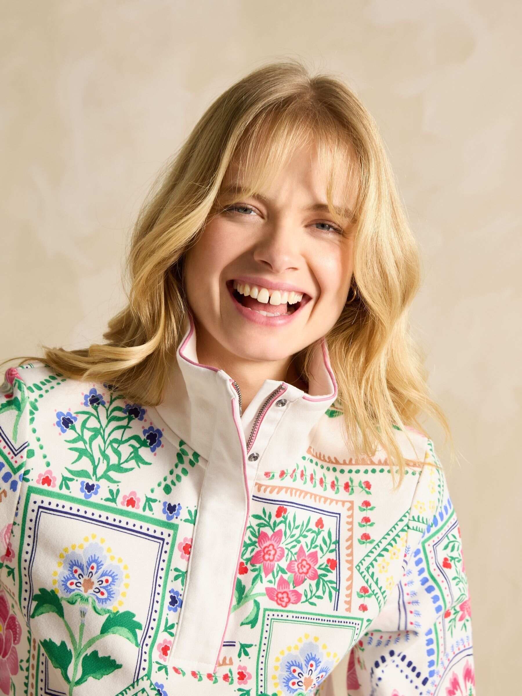 Burnham Cream Tile Print Cotton Funnel Neck Quarter Zip Sweatshirt