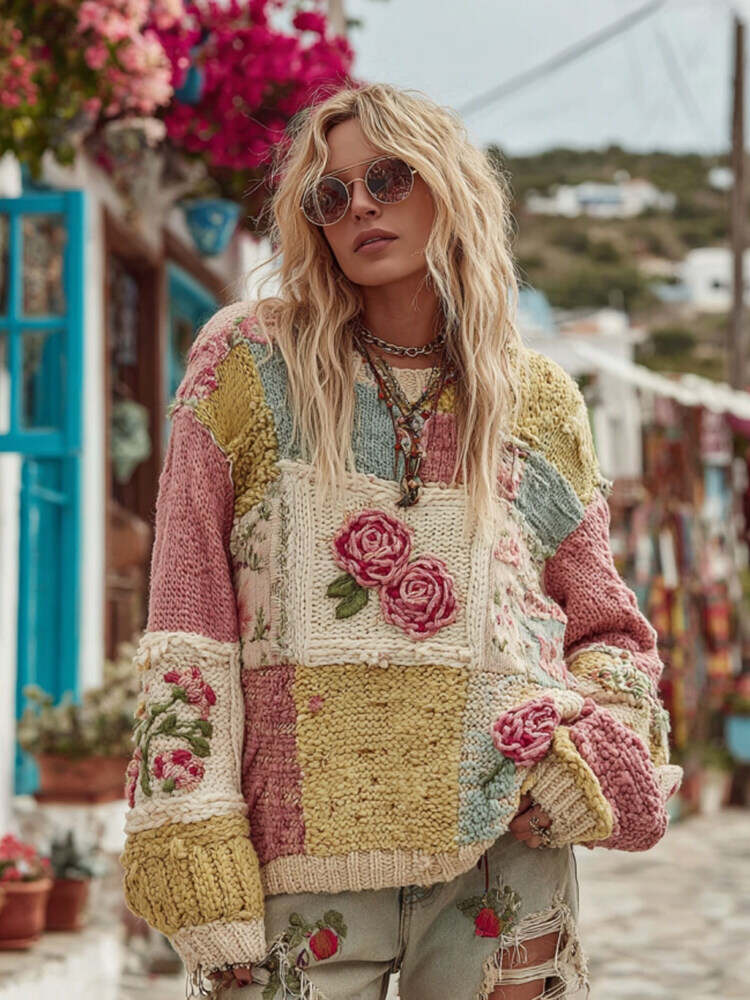 Women's Vintage Floral Patch Art Chunky Knit Warm Crew Neck Sweater