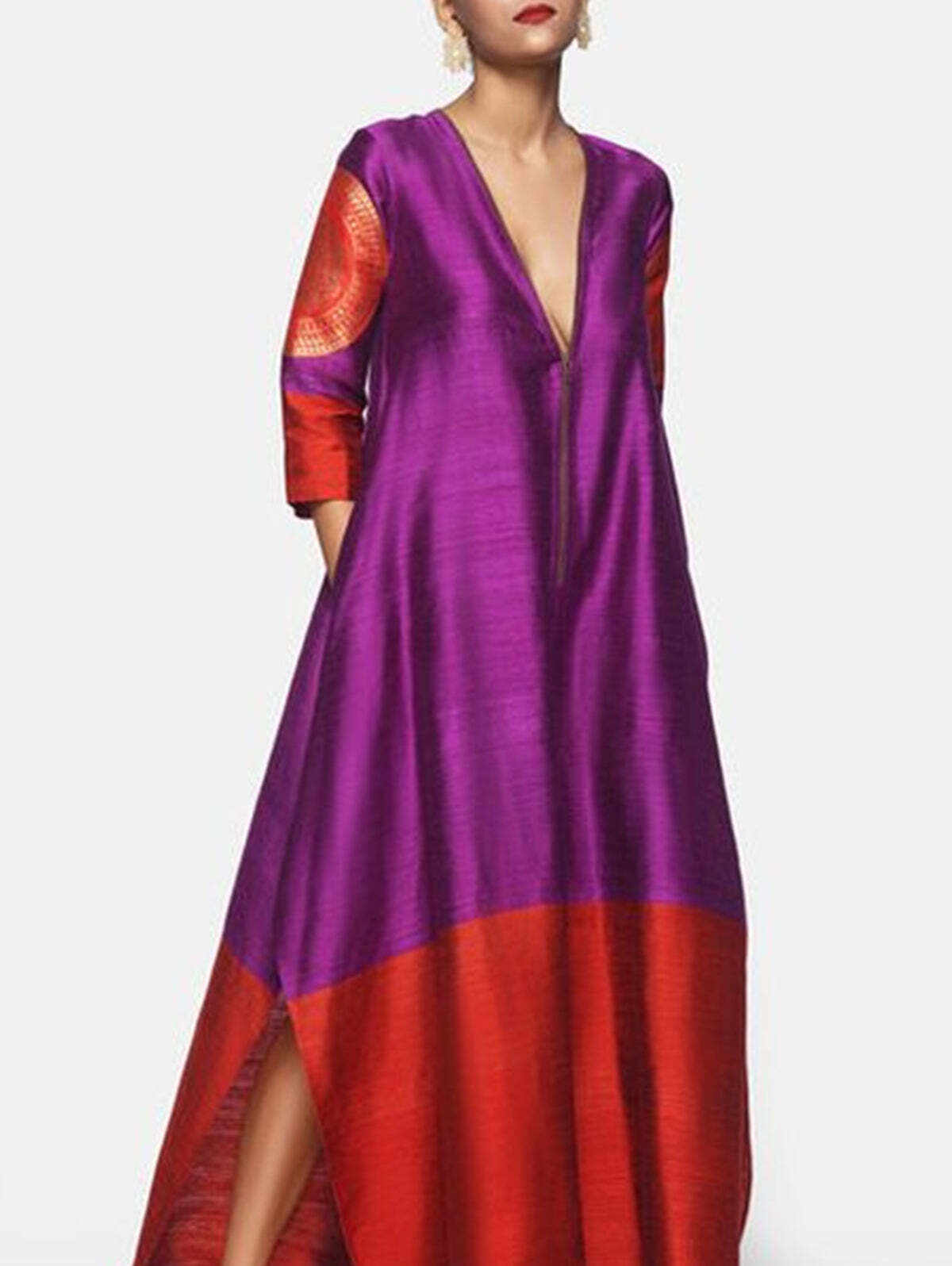 Elegant Color Block Deep V-Neck 3/4 Sleeve Split Maxi Dress