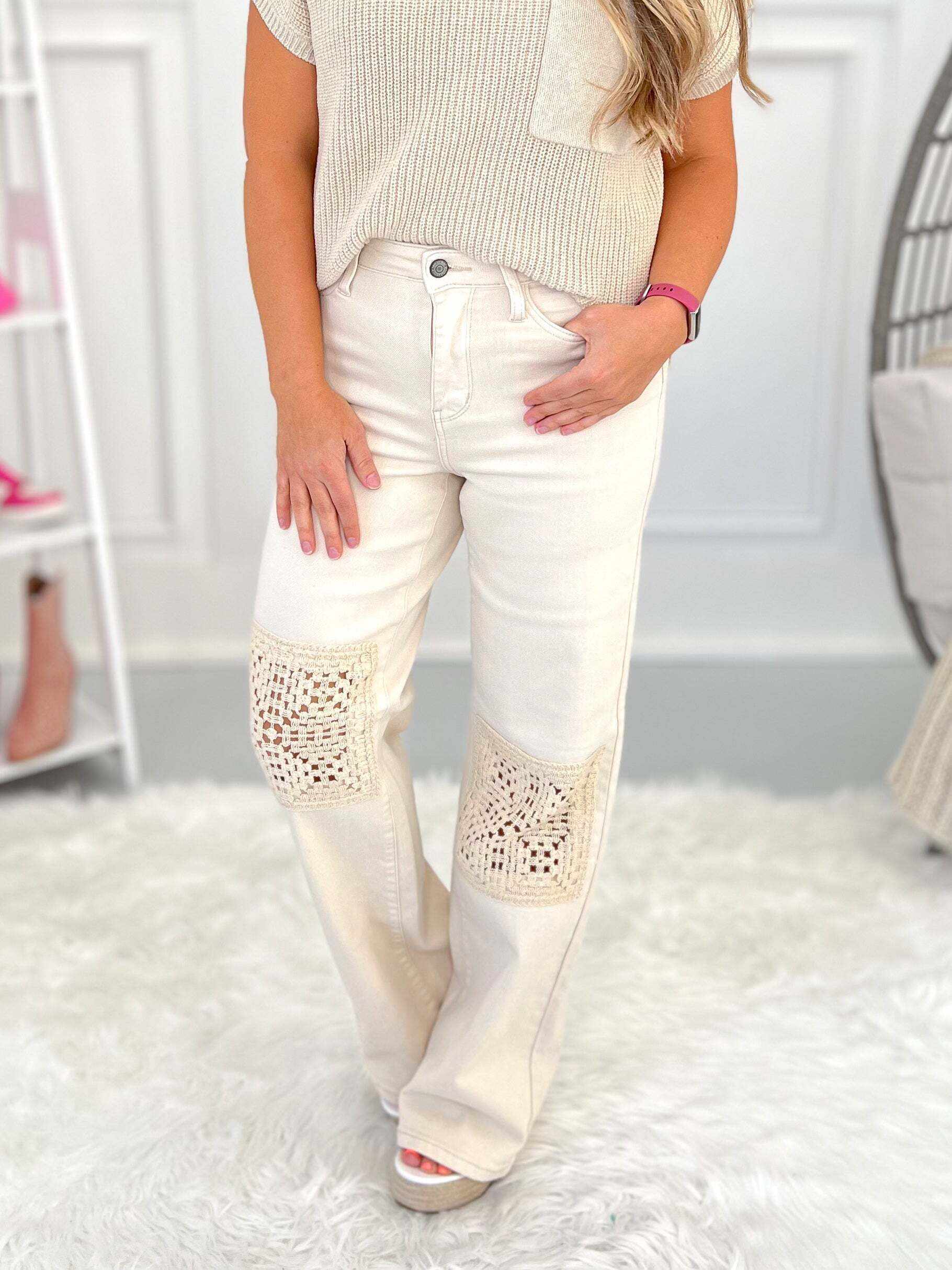 Christmas - Beige Dyed Crochet Patched Wide Jeans - Final Sale