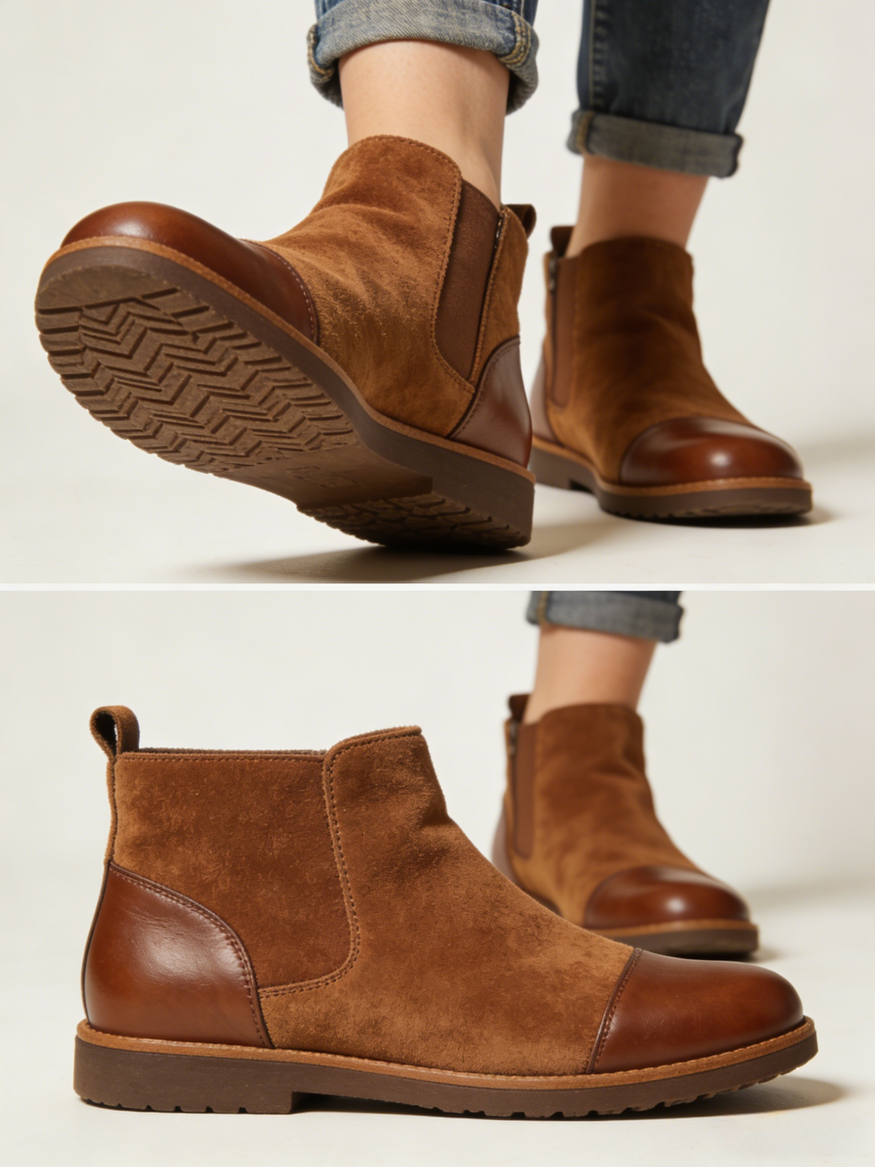 Retro Suede Splicing Flats Boots Brown Faux Leather