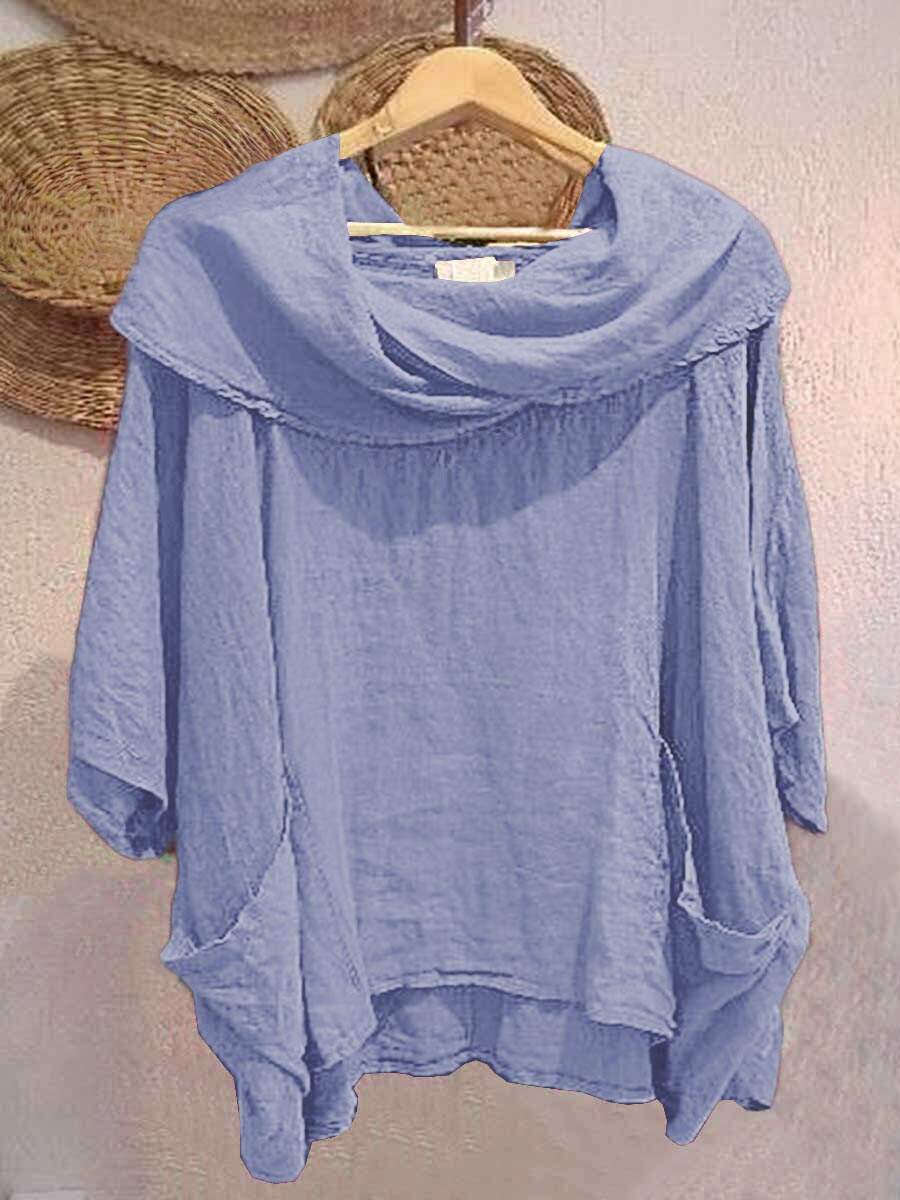 🔥Summer Arrivals🌟Women's Solid Color Draped Neck 3/4 Sleeve Comfortable Casual Linen Pocket Top