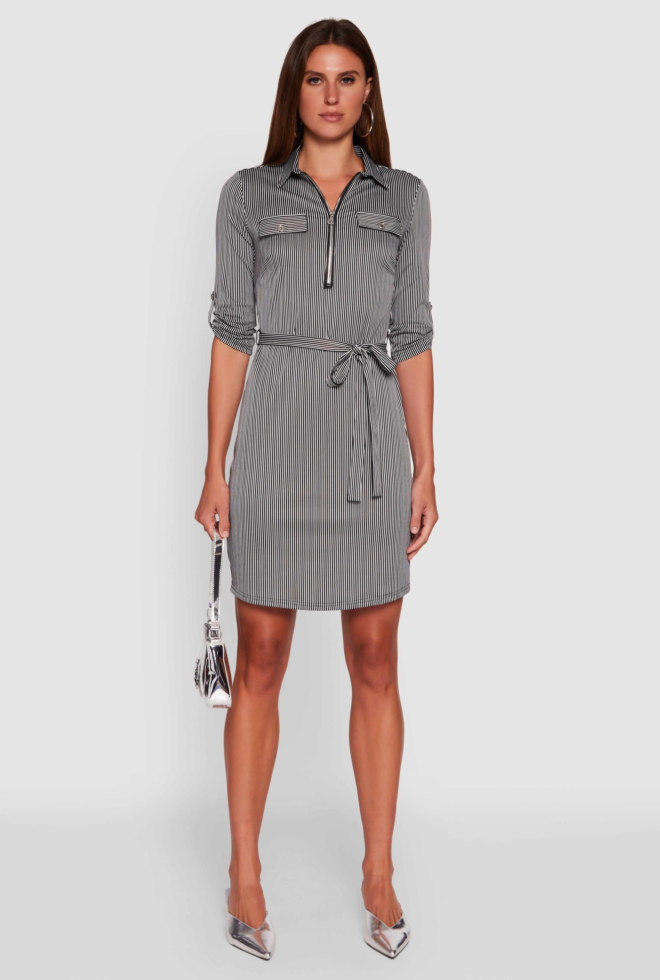 Striped Zip Front Midi Dress with Tie Waist Belt