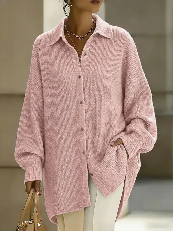 🔥Summer Arrivals🌟Women's Solid Color Lapel Long-sleeved Casual Loose Knit Cardigan