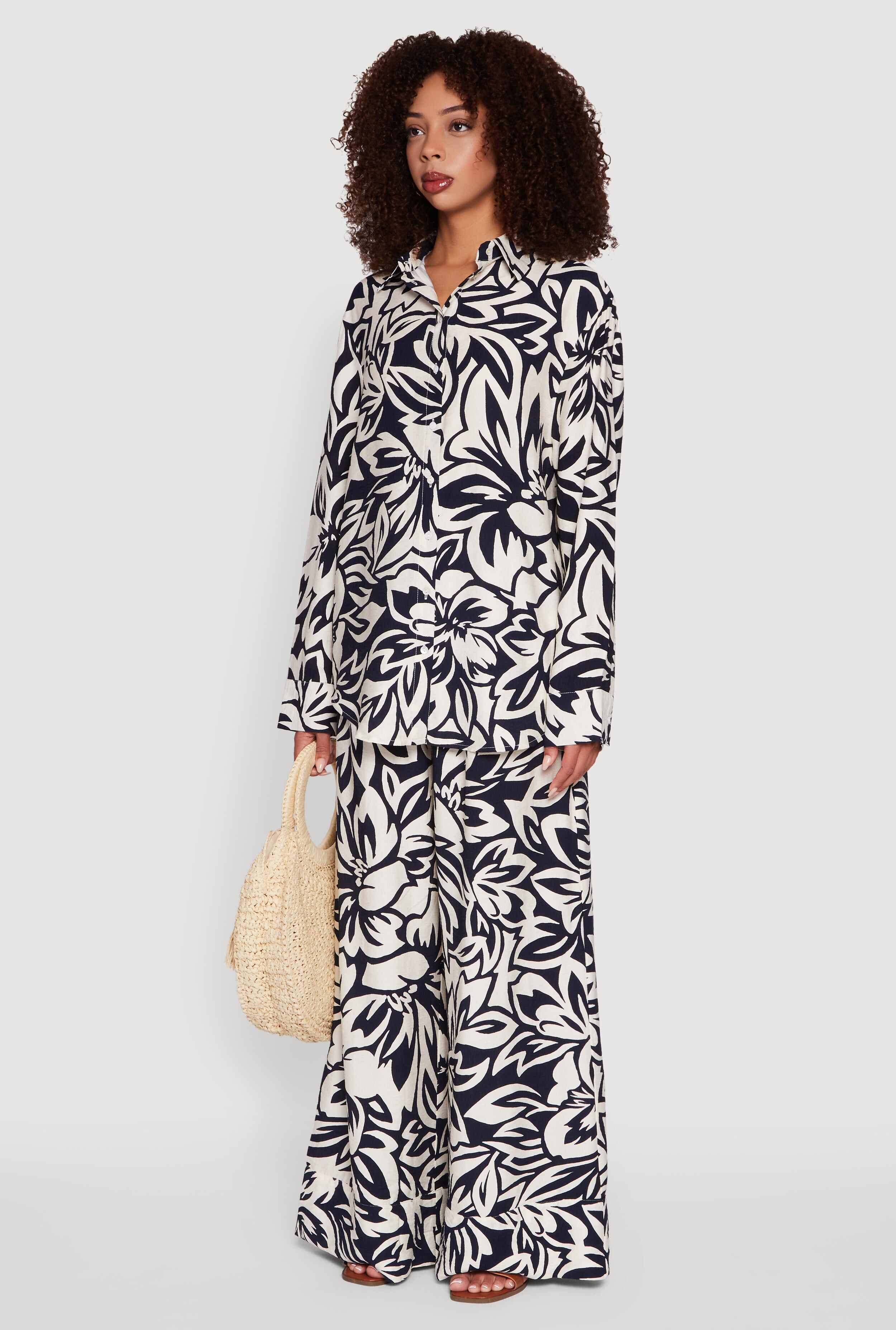 Floral Print Crepe Knit Button Front Blouse
