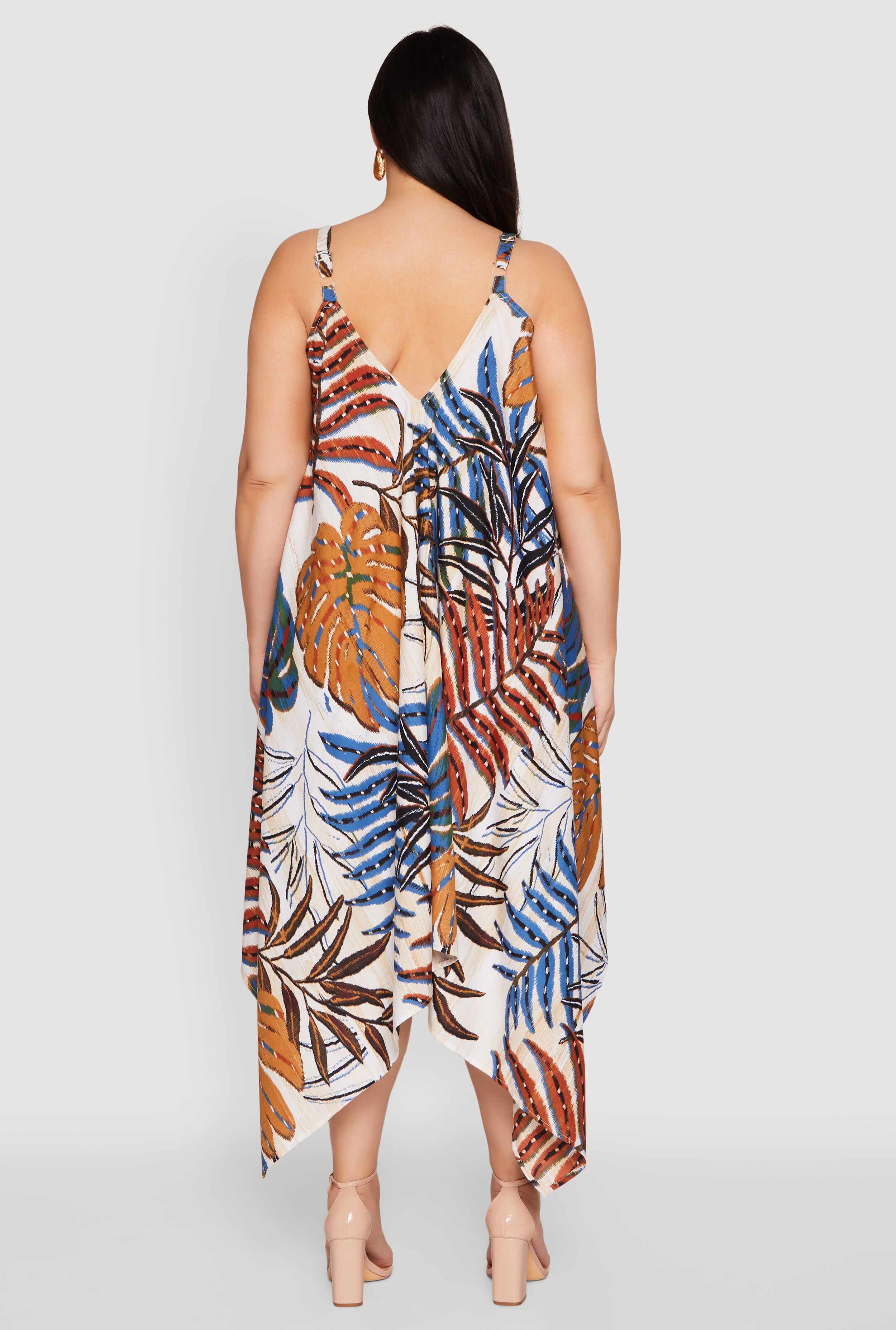 Plus Size Leaf Print Sharkbite Hem Dress
