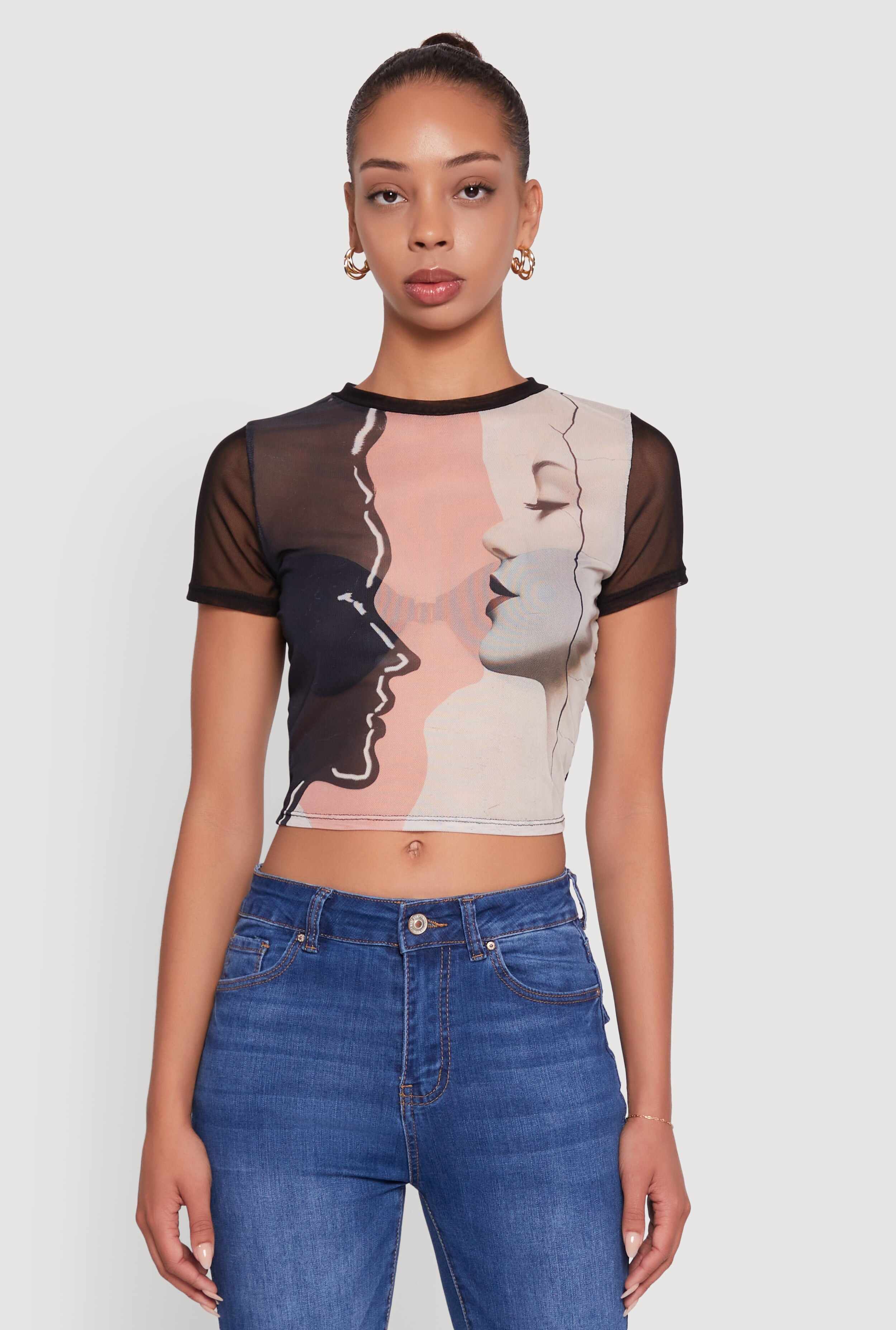Mesh Faces Graphic Print Crop Tee