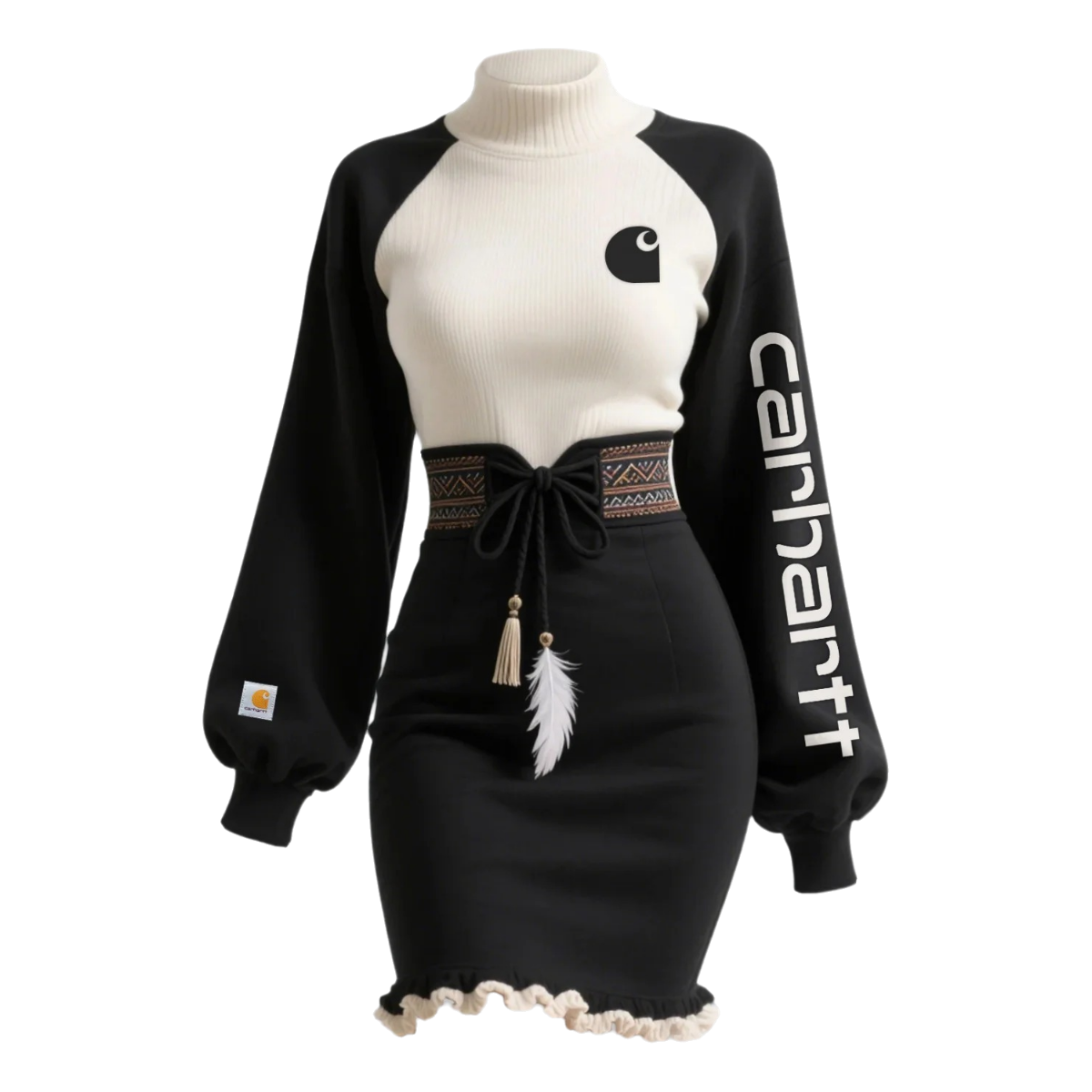 High-Neck Colorblock Dress with Embroidered Logo and Feather Tassel Detail