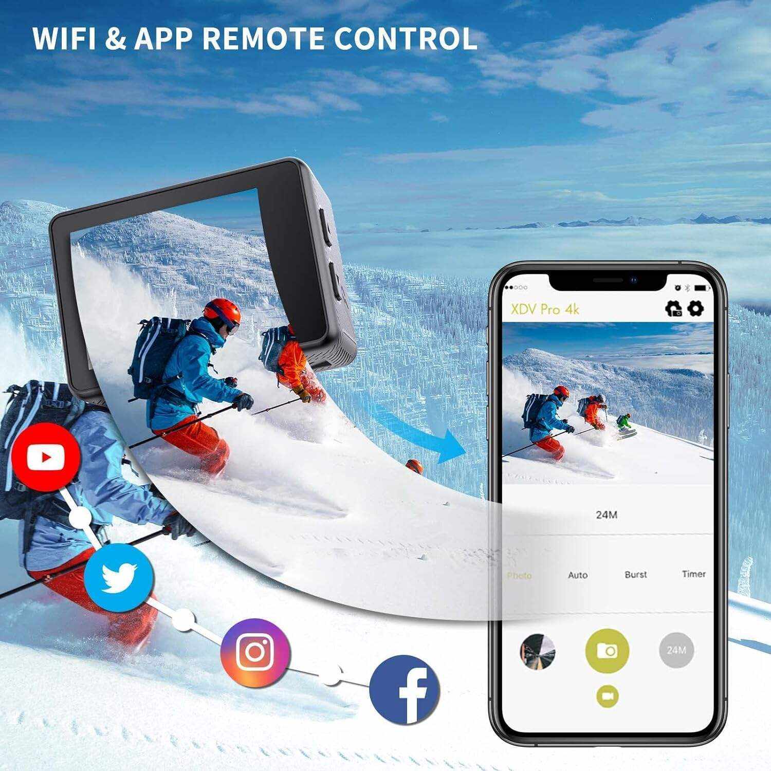 Underwater Camera,24MP 40m WiFi Dual Color Screen Action Camera 4K For Snorkeling Sports,Waterproof Camera with Bike Helmet,EIS Stabilization,170° Wide Angle,4X Zoom,2 Batteries and Mounting Kits