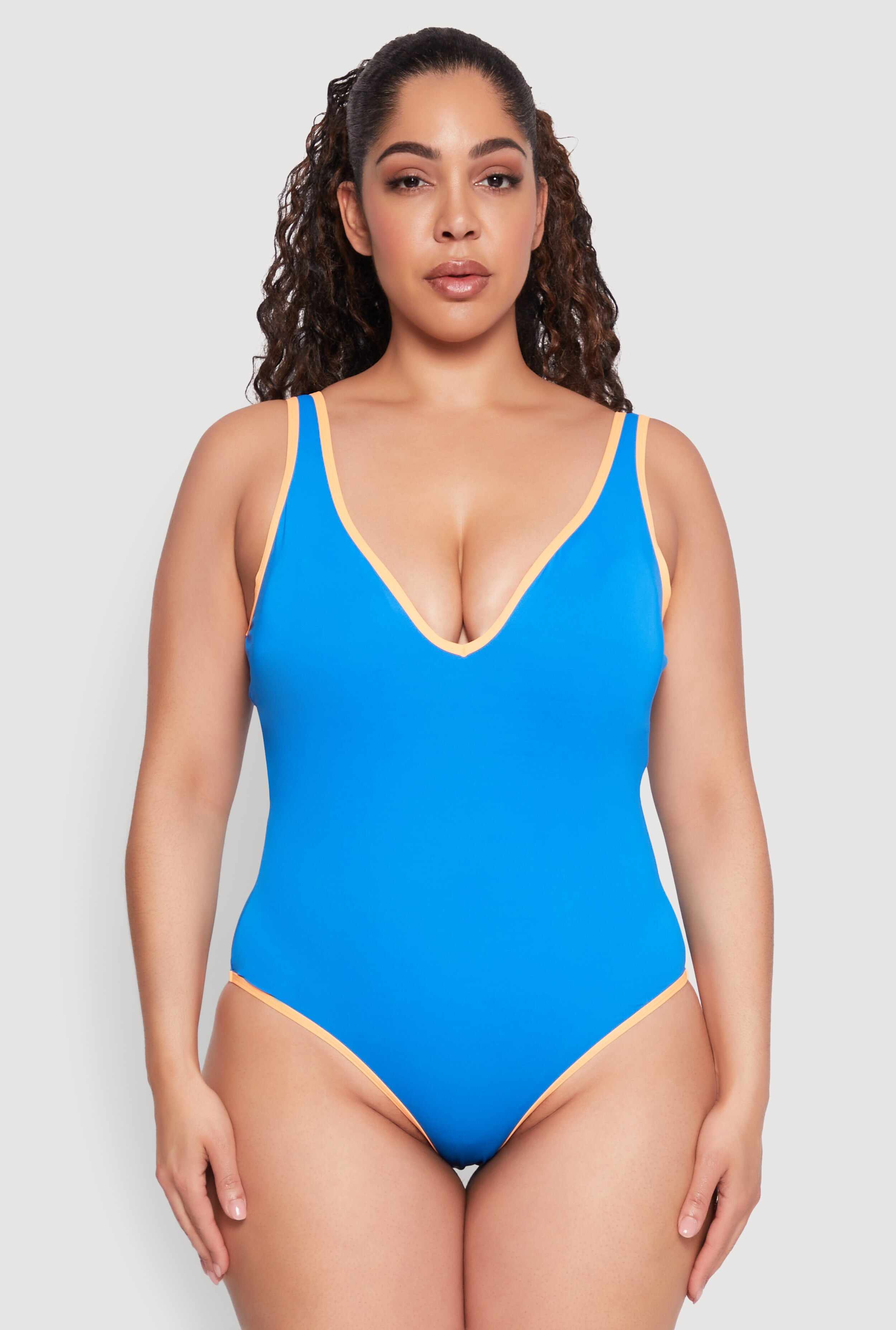 Plus Size Plunge Contrast Trim Swimsuit
