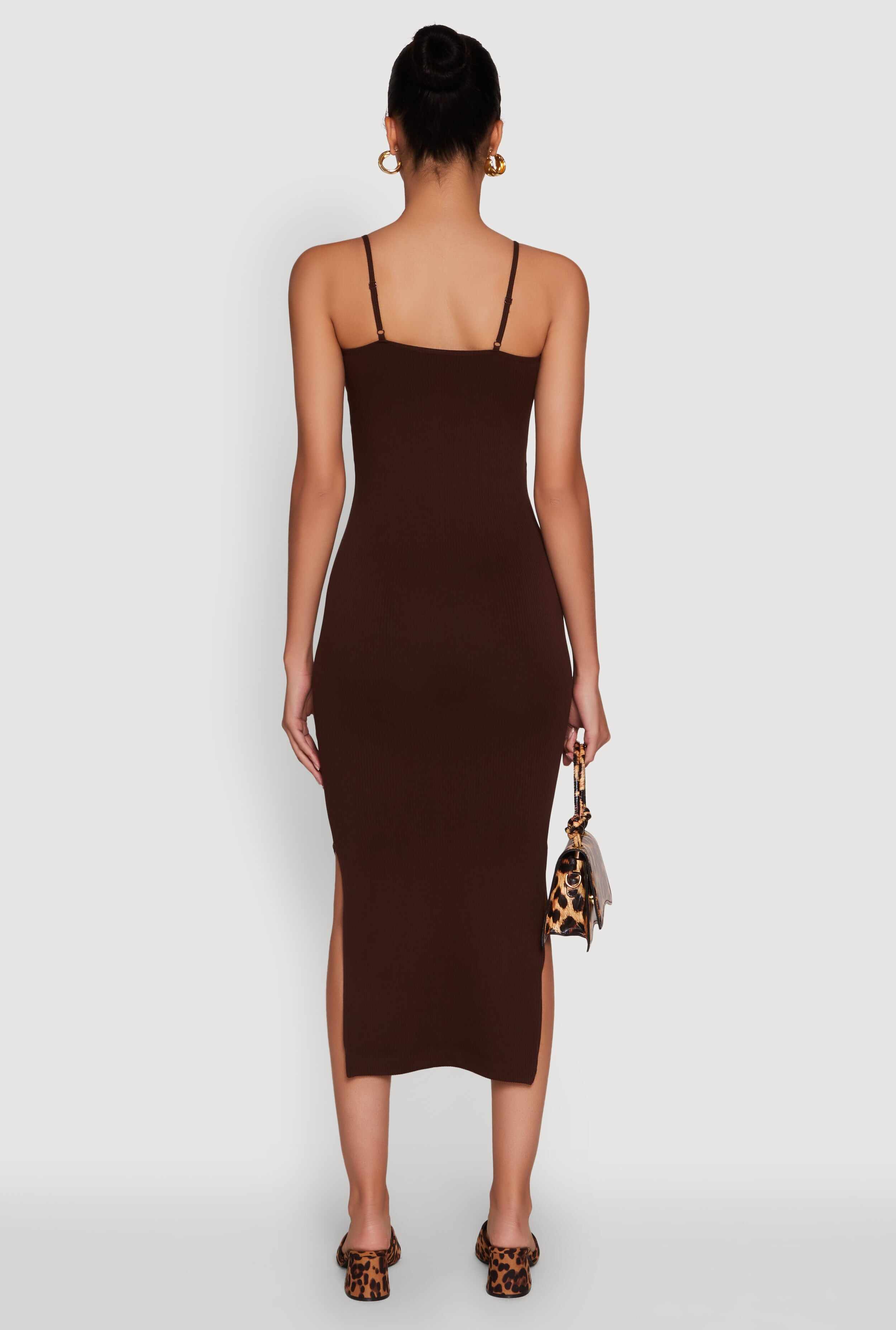 Trendy Ribbed Knit Side Slit Midi Dress