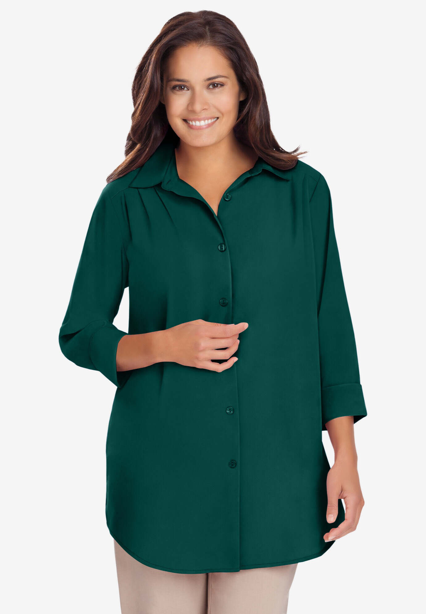 Three-Quarter Sleeve Peachskin Button Front Shirt