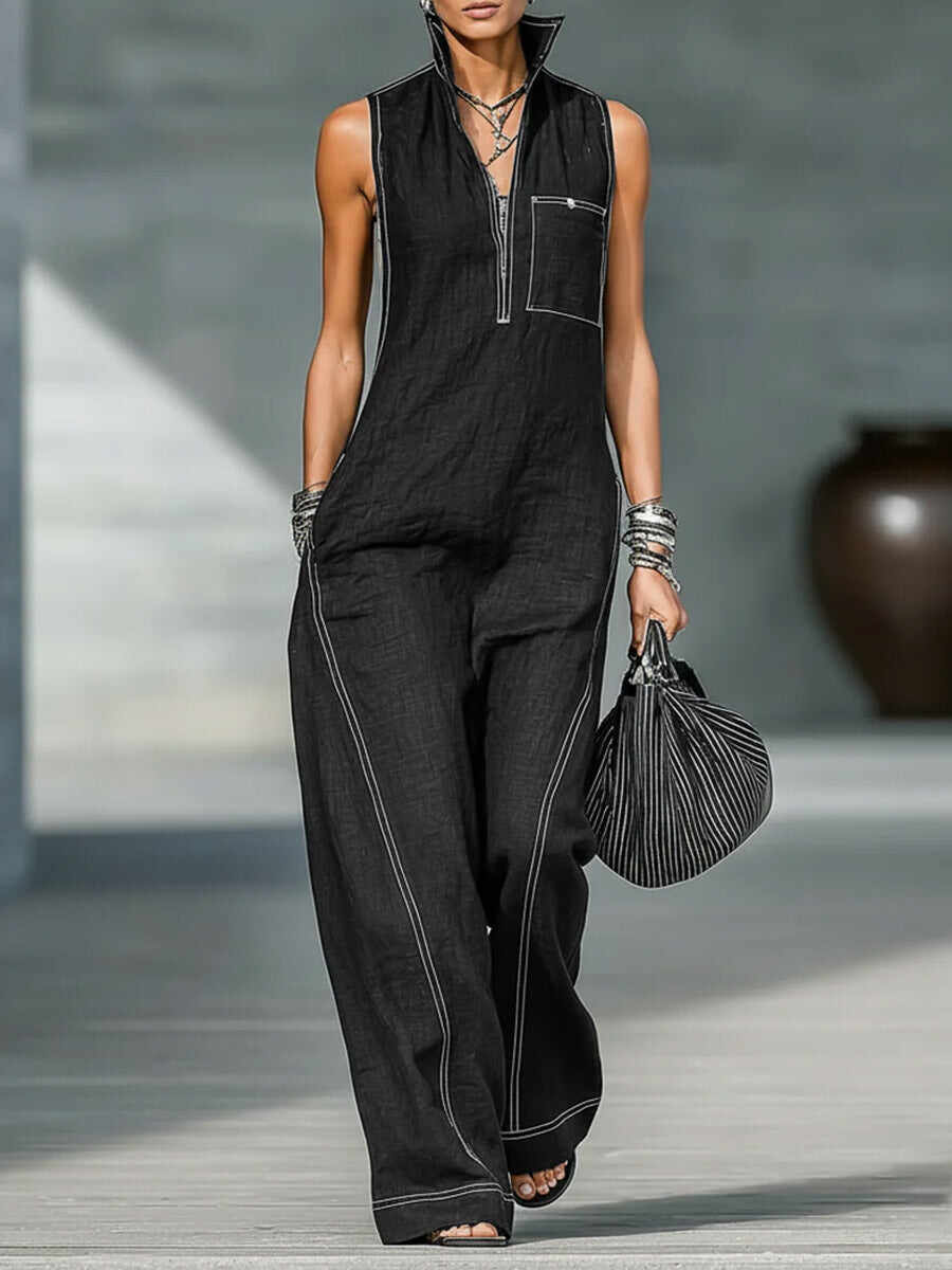 🔥Summer Arrivals🌟Women's Stand-collar Sleeveless Casual Loose Cotton And Linen Jumpsuit