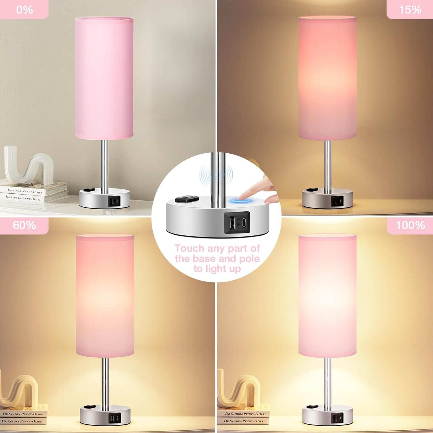 Bedside Table Lamp for Bedroom - 3 Way Dimmable Touch Lamp USB C Charging Ports and AC Outlet, Small Lamp Wood Base Round Flaxen Fabric Shade for Living Room, Desk, LED Bulb Included