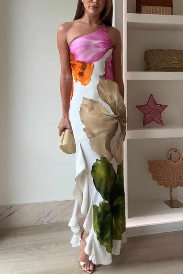 Love Filled Floral Print One Shoulder Side Ruffles Maxi Slip Dress