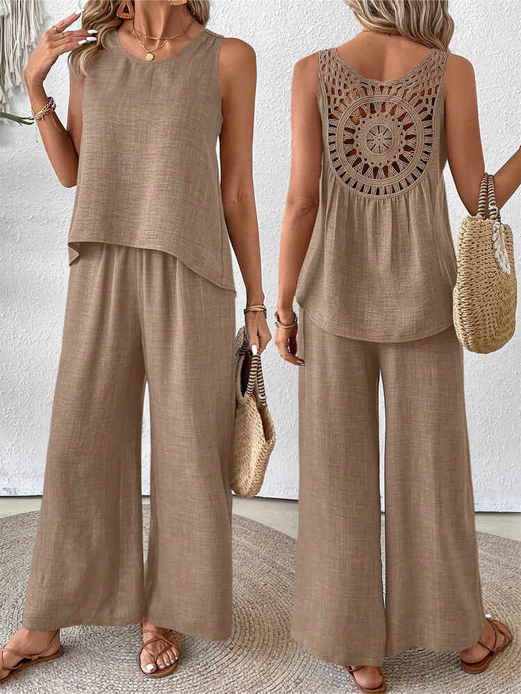 🔥Summer Arrivals🌟Women's Hollow Lace Two-piece Set: Casual Vest And Wide-leg Pants