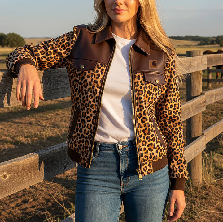 Carhartt®Women's Retro Leather Patchwork Leopard Print Collar Jacket