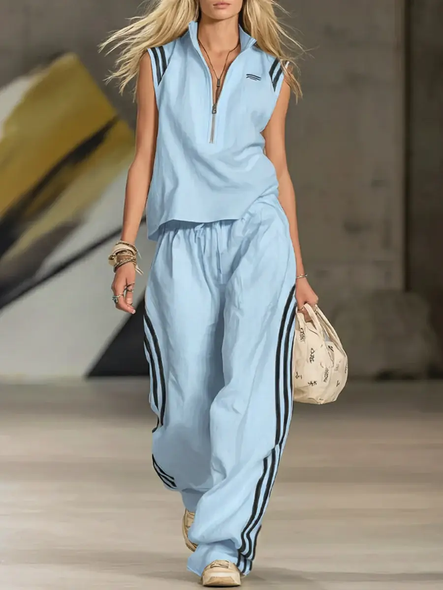 🔥Summer Arrivals🌟Women's Casual Patchwork Striped Zip-up Top And Pants Two-piece Set