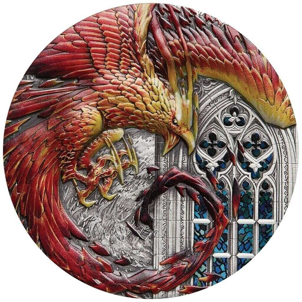 2022 Rising Phoenix 5oz Silver Antiqued Coloured Coin