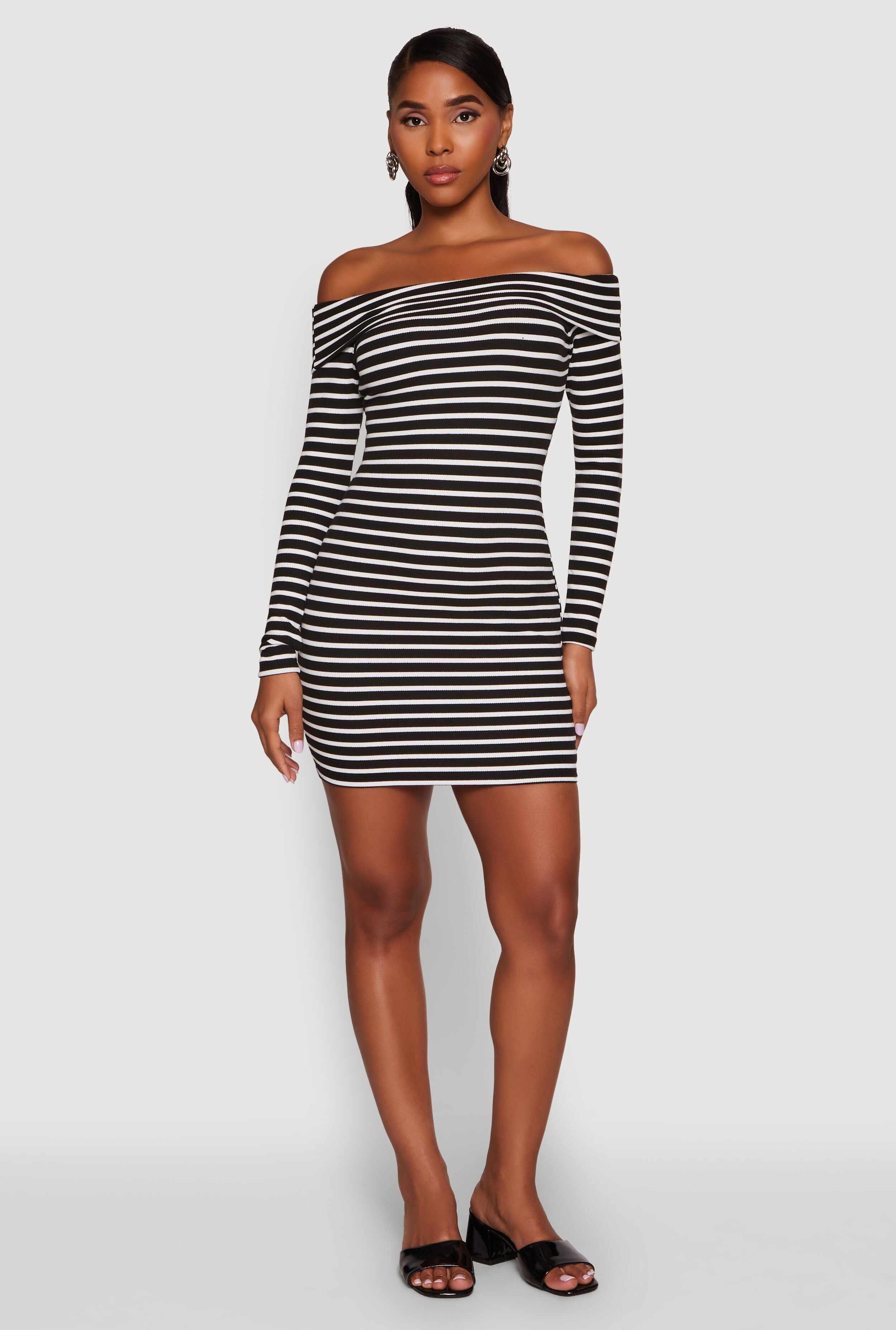 Iris Striped Off The Shoulder Mini Bodycon Dress
