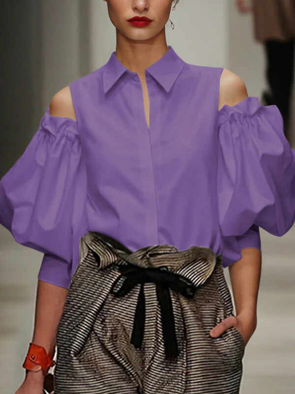 🔥Summer Arrivals🌟Women's Loose Pleated Solid Color Cold Shoulder Cotton Blouses