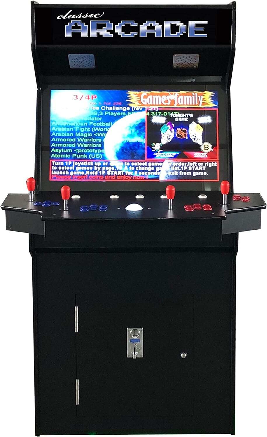 Full Size Commercial Grade Upright Standup Arcade Machine 4 Player 4600 Classic Games 32 inch Screen Black
