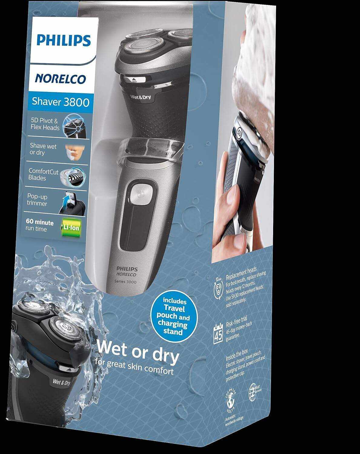 Philips Norelco Shaver 3800, Rechargeable Wet & Dry Shaver with Pop-up Trimmer, Charging Stand and Storage Pouch, Space Gray, S3311/85