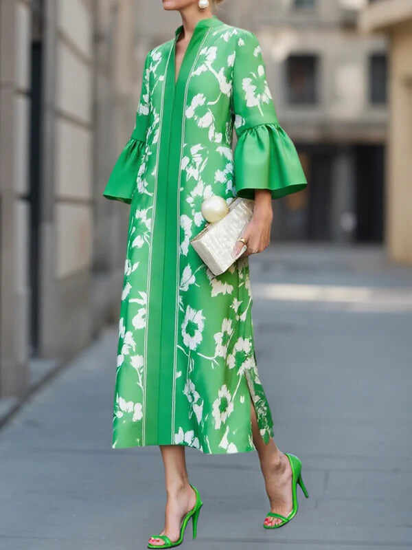 Bell Sleeve Loose Floral Print Side Slit Maxi Dress