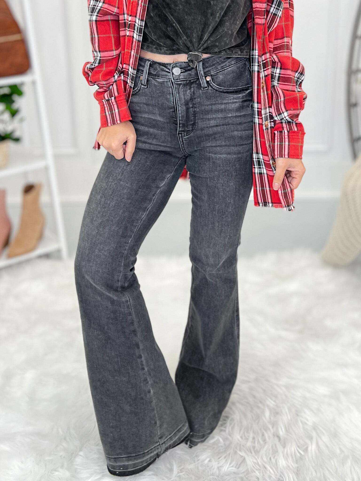 Double Dipped - Christmas Shadow Hem Flare Jeans- Final Sale