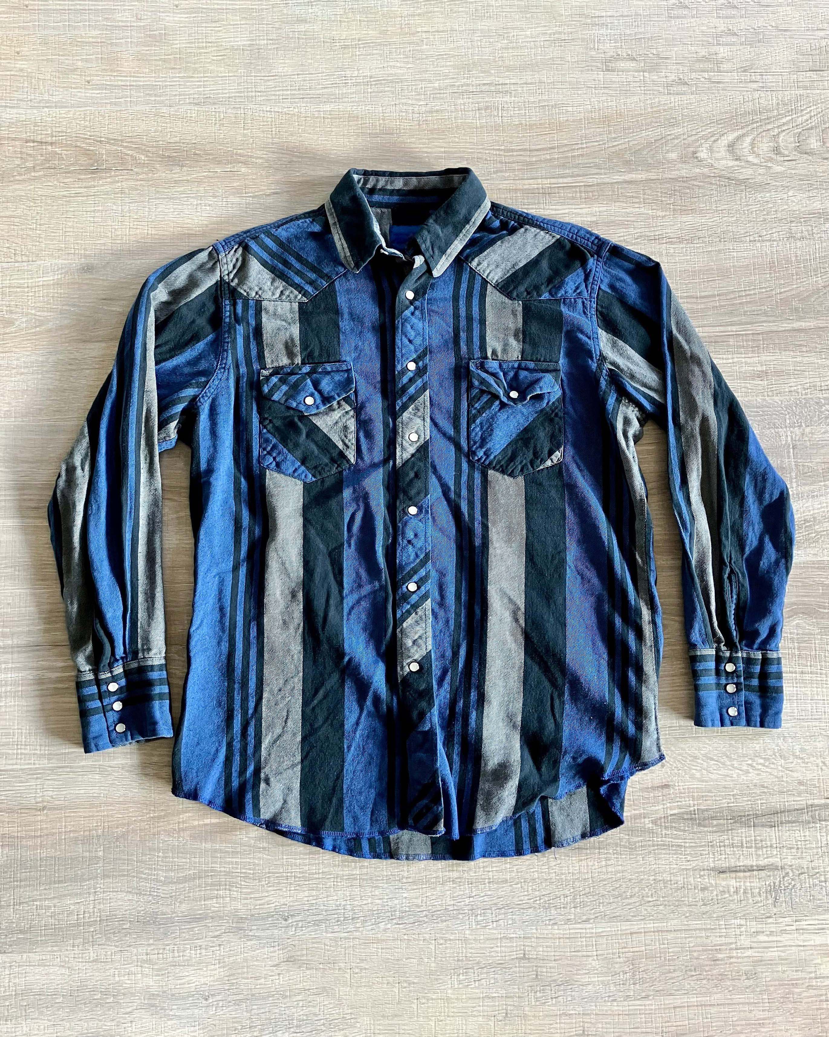 Men's Fashion Western Blue Green Striped Long Sleeve Shirt