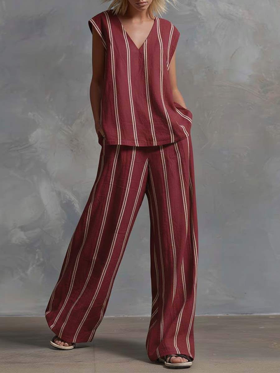🔥Summer Arrivals🌟Women's V-neck Sleeveless Cotton Top High-waisted Casual Loose Cotton Wide-leg Pants Set