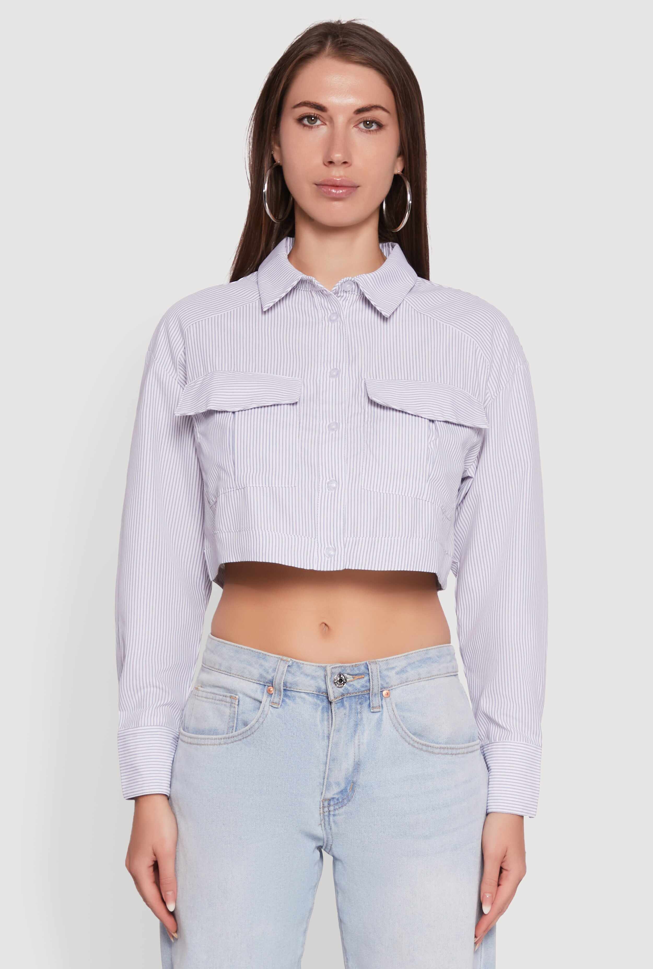 Haute Monde Striped Long Sleeve Cropped Shirt