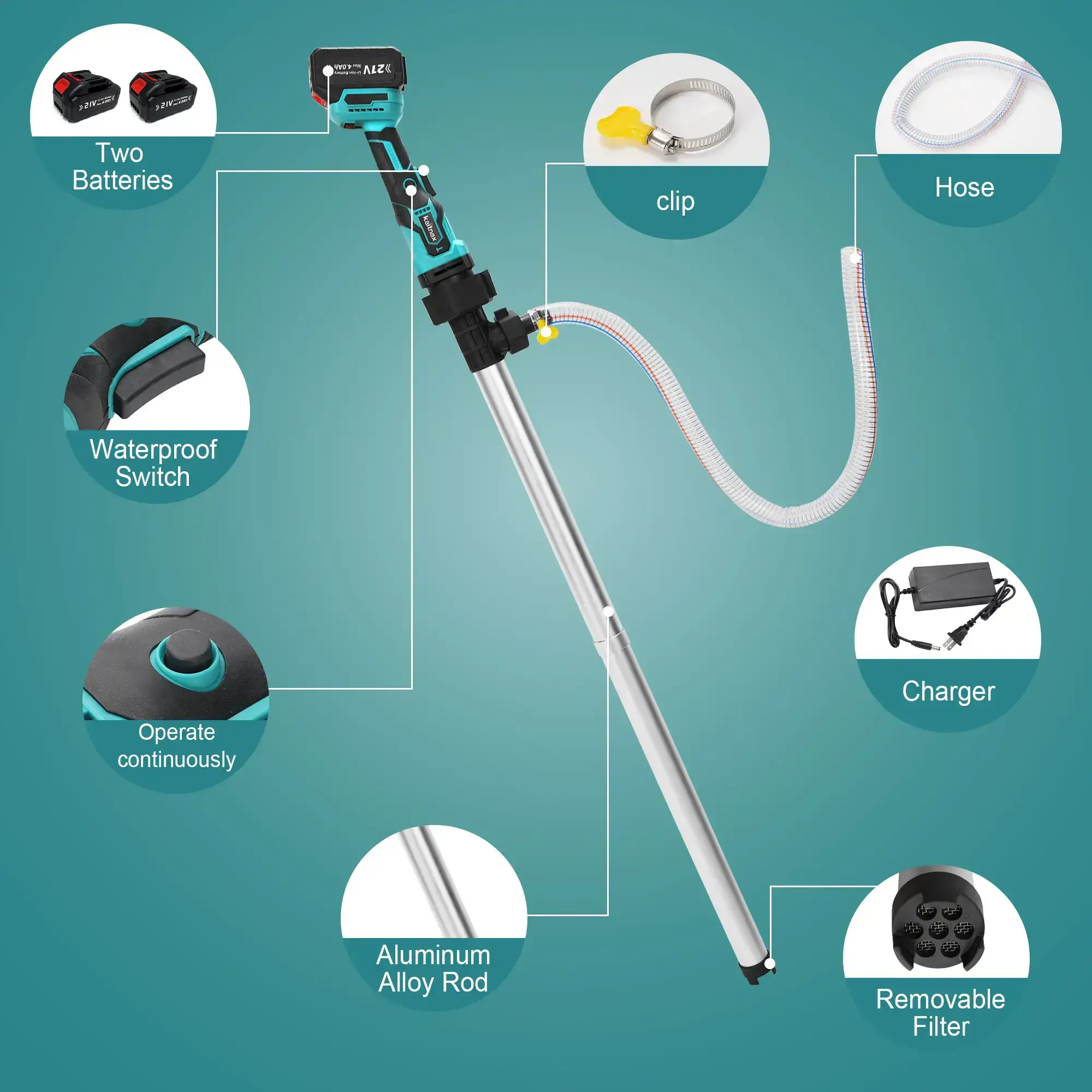 Cordless Stick Water Transfer Pump, with 4000mAh 21V Battery & Charger, 720GPH, 32FT Head, Handheld Portable Utility Sump Pump Kit with 3/4