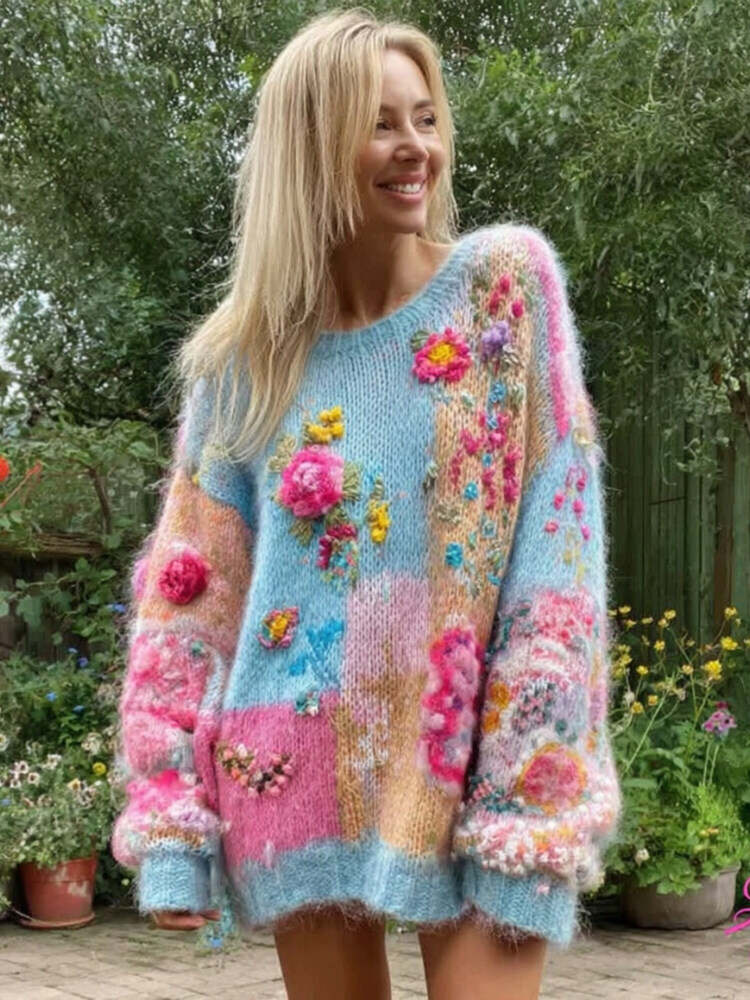 Women's Floral Embroidery Patchwork Art Pullover Cozy Knit Sweater