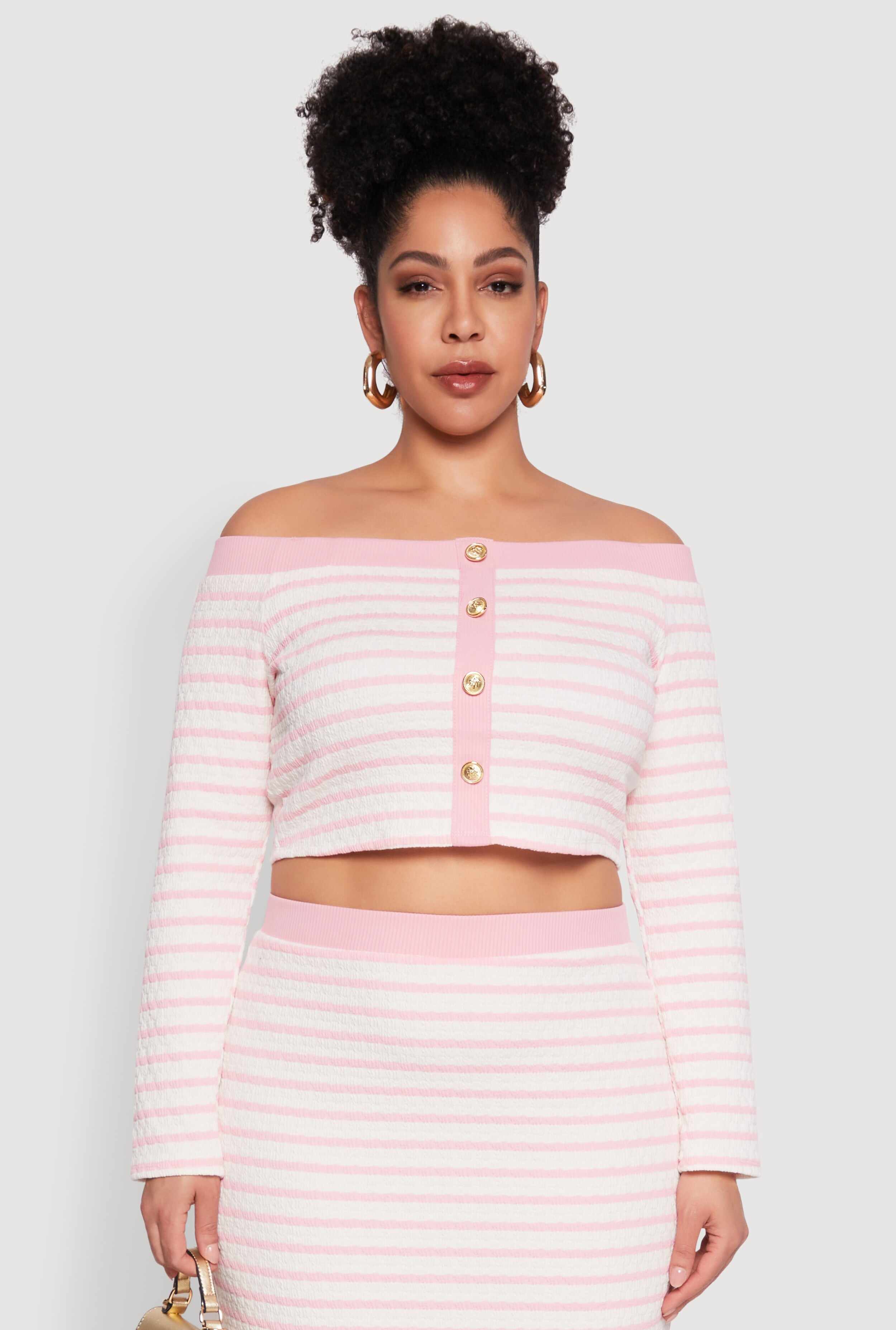 Plus Size Striped Faux Button Off the Shoulder Top