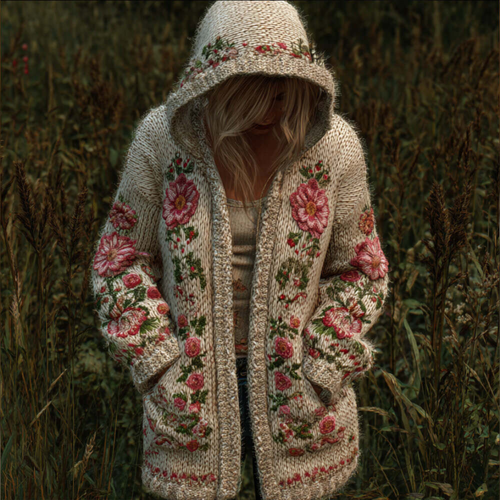 Women's Flower-patterned Casual Vintage Hooded Mid-length Sweater