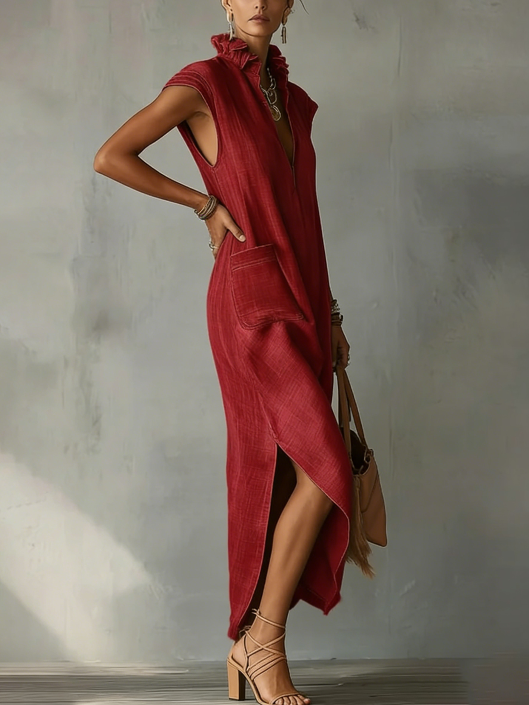 🔥Summer Arrivals🌟Women’s Ruffle Collar Cotton Linen Midi Dress – Elegant Summer Dress