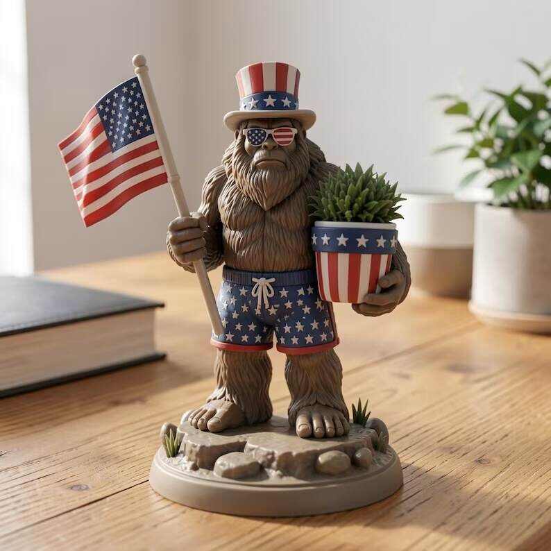 Patriotic Sasquatch Desktop Planter Statue