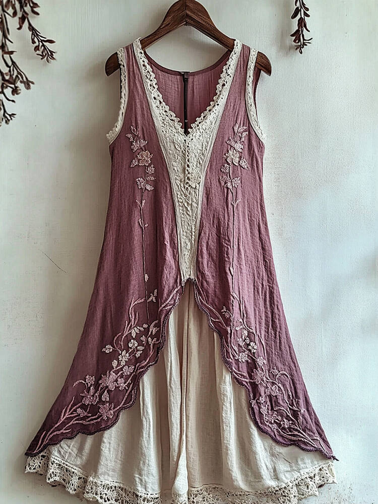 Women's Cherry Blossom Lace Art Vintage Linen Tank Dress