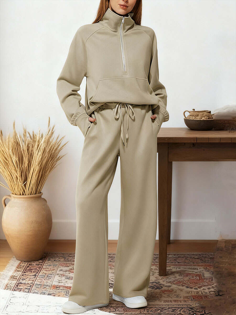 Women's Two-piece Set Half-zip Sweatshirt Wide-leg Pants Casual Suit.